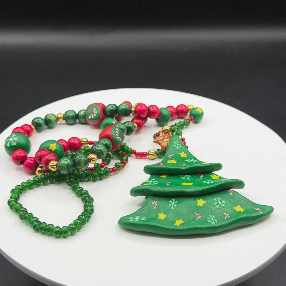 Christmas Tree Pendant Necklace Red Green Wood Beads Holiday Statement Jewelry